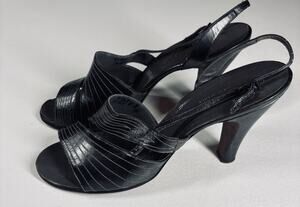 VTG Best & Co Fifth Ave Black Leather Retro Glam Peep Toe Heels 6.5 Mad Men